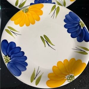 Vintage Floral Blue and Yellow Dinner Hand Painted Dinner Plates.  5 plates.